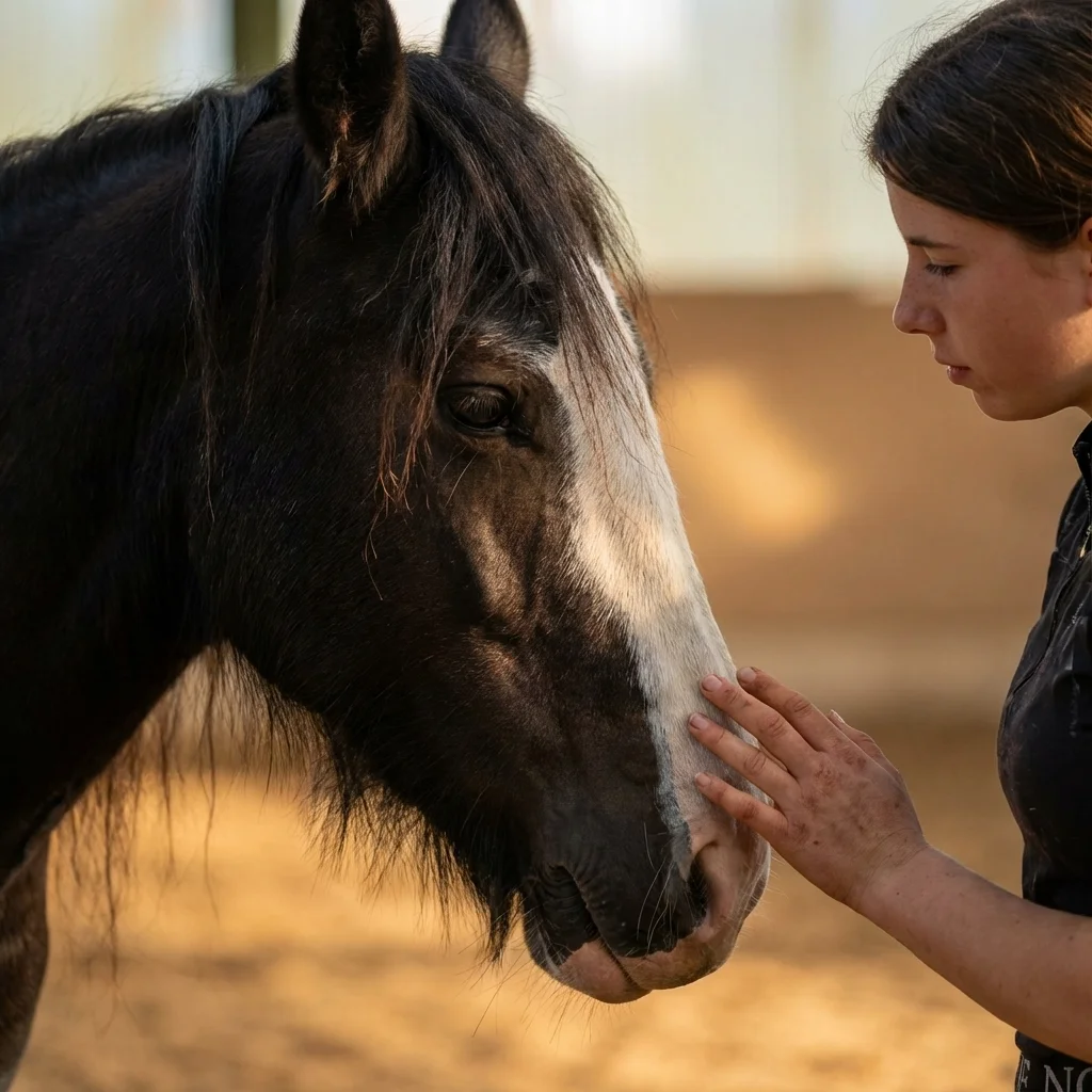 Nahaufnahme einer Hand, die sanft das Maul eines Pferdes berührt - Vertrauen und Empathie.