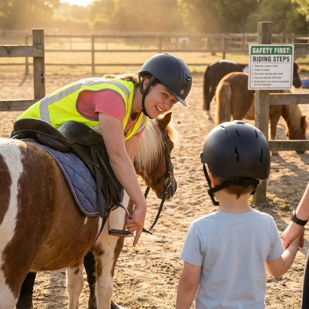 Ein glückliches Kind sitzt auf einem Pony und lacht