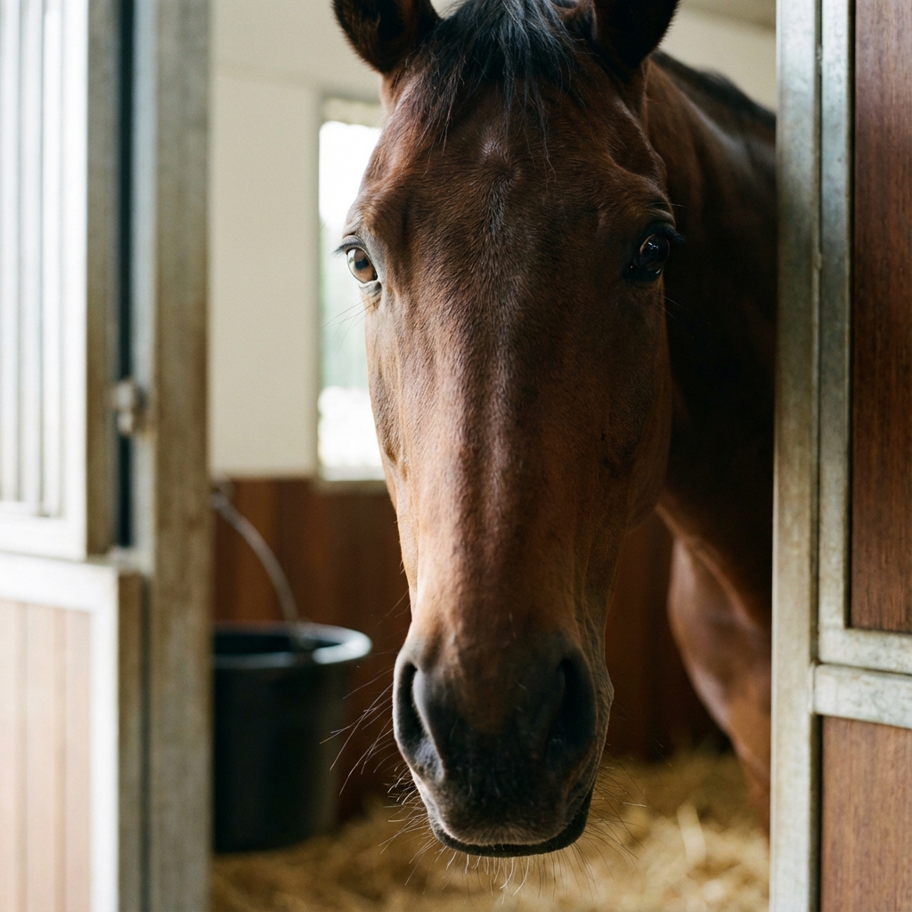 Ein aufmerksames Pferd im Stall beobachtet seine Umgebung